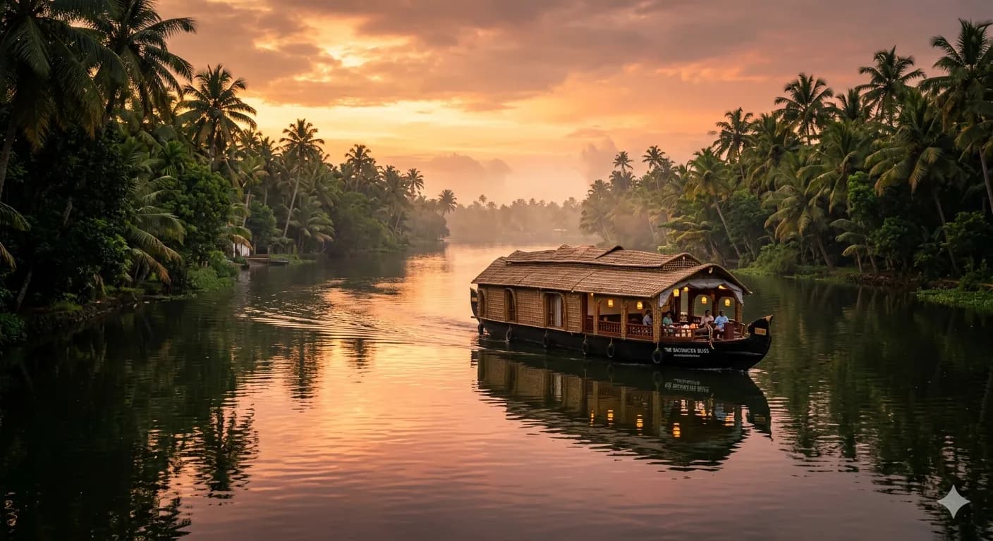 Private Kerala houseboat floating peacefully through the Alappuzha backwaters at golden hour