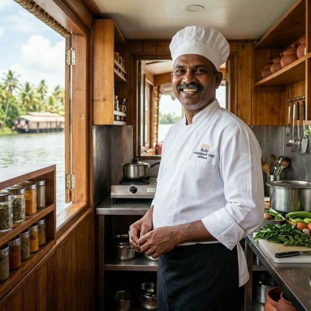 Houseboat chef preparing traditional Kerala fish curry with fresh local ingredients