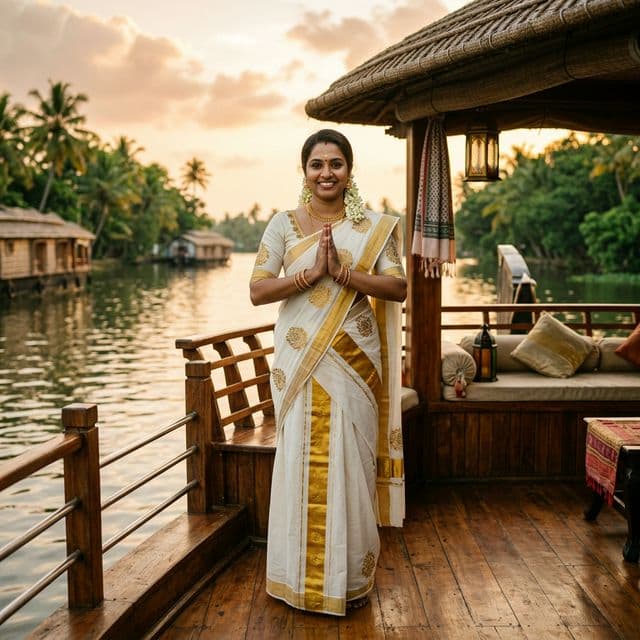 Warm traditional Kerala welcome with flower garland by houseboat host