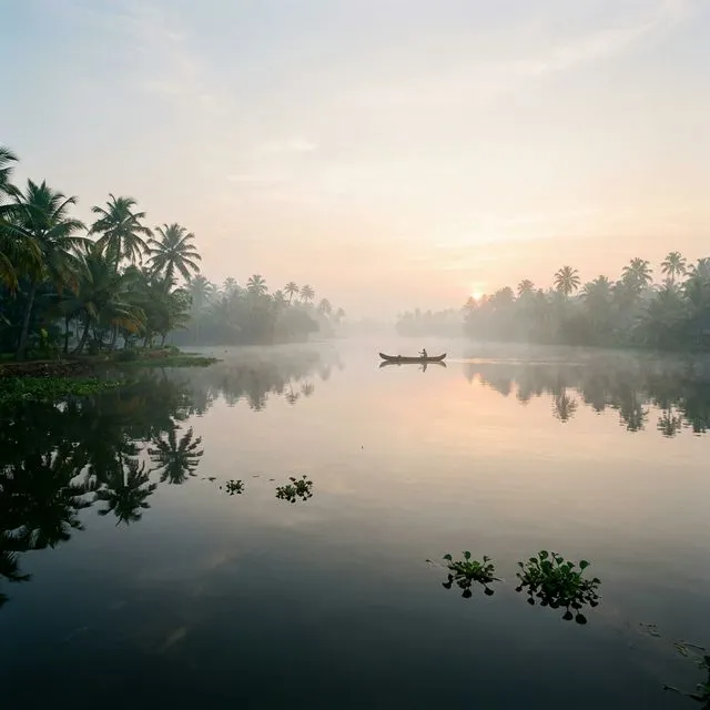 Traditional houseboat emerging through morning mist on Kerala backwaters