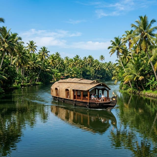 Traditional Kerala houseboat floating on serene backwaters surrounded by palm trees, the family home of UBJ Houseboats