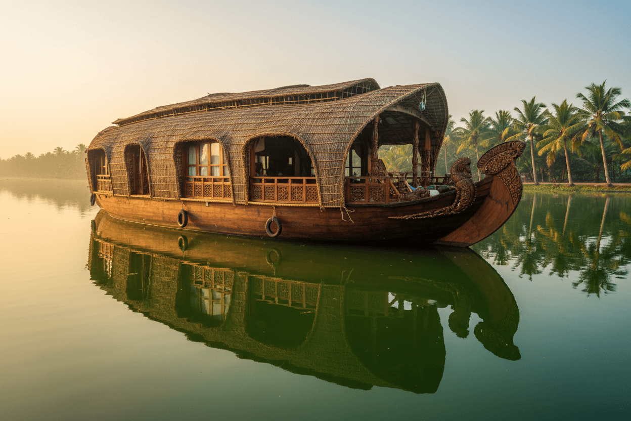 Mahadeva luxury houseboat perfectly reflected in still Alappuzha backwater