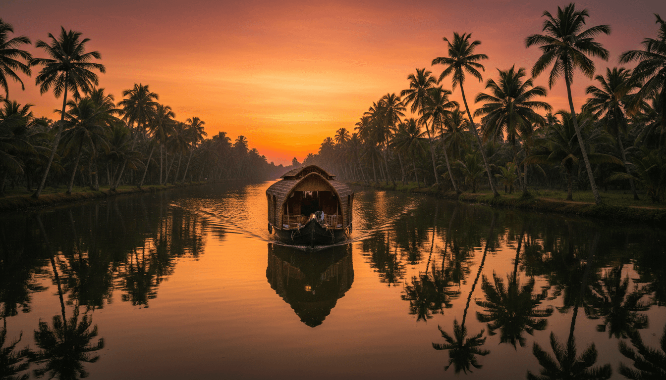 Vinayaka premium houseboat with traditional Kerala architecture floating on sunset backwaters