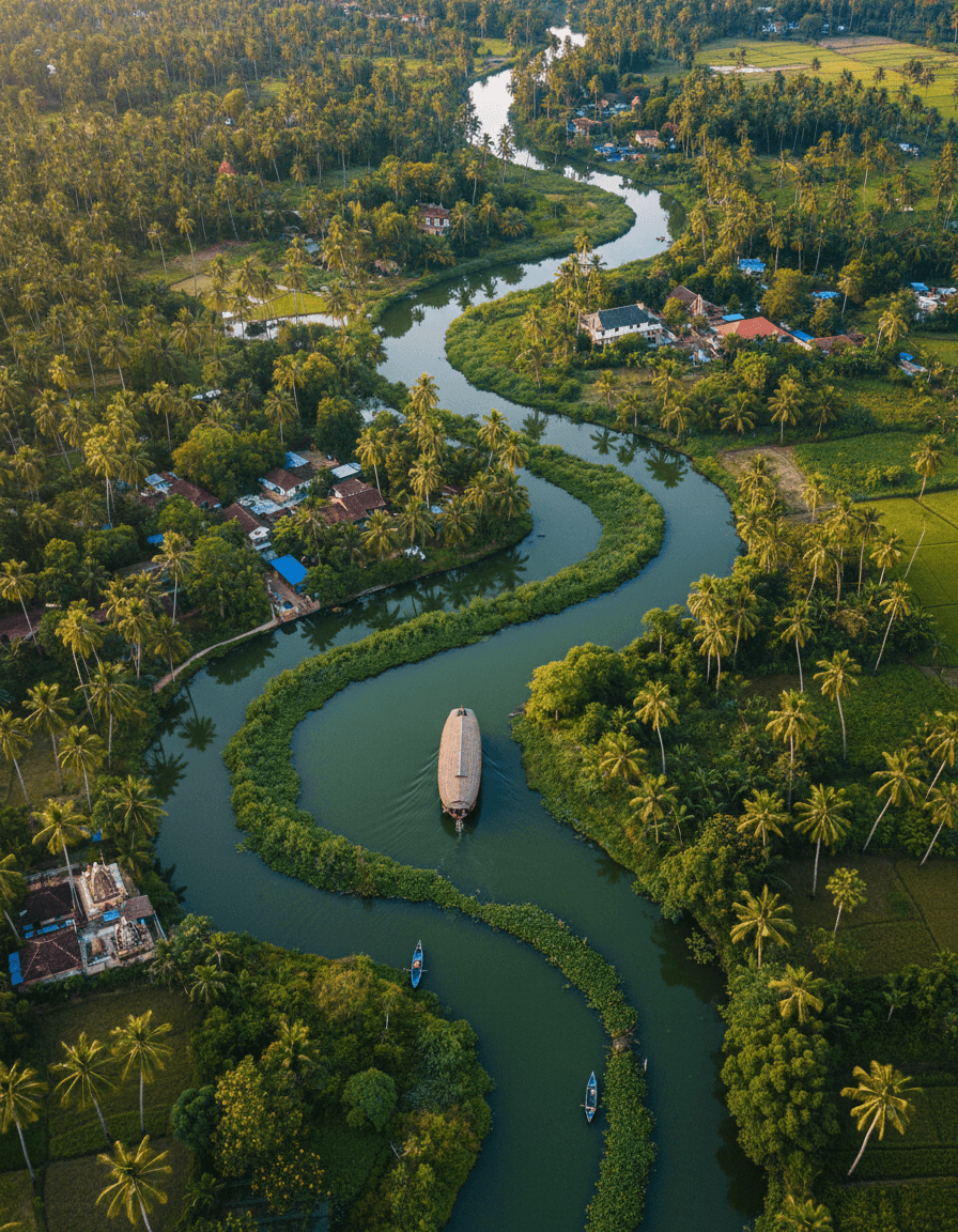 Aerial view of houseboat navigating through intricate Kerala backwater canals