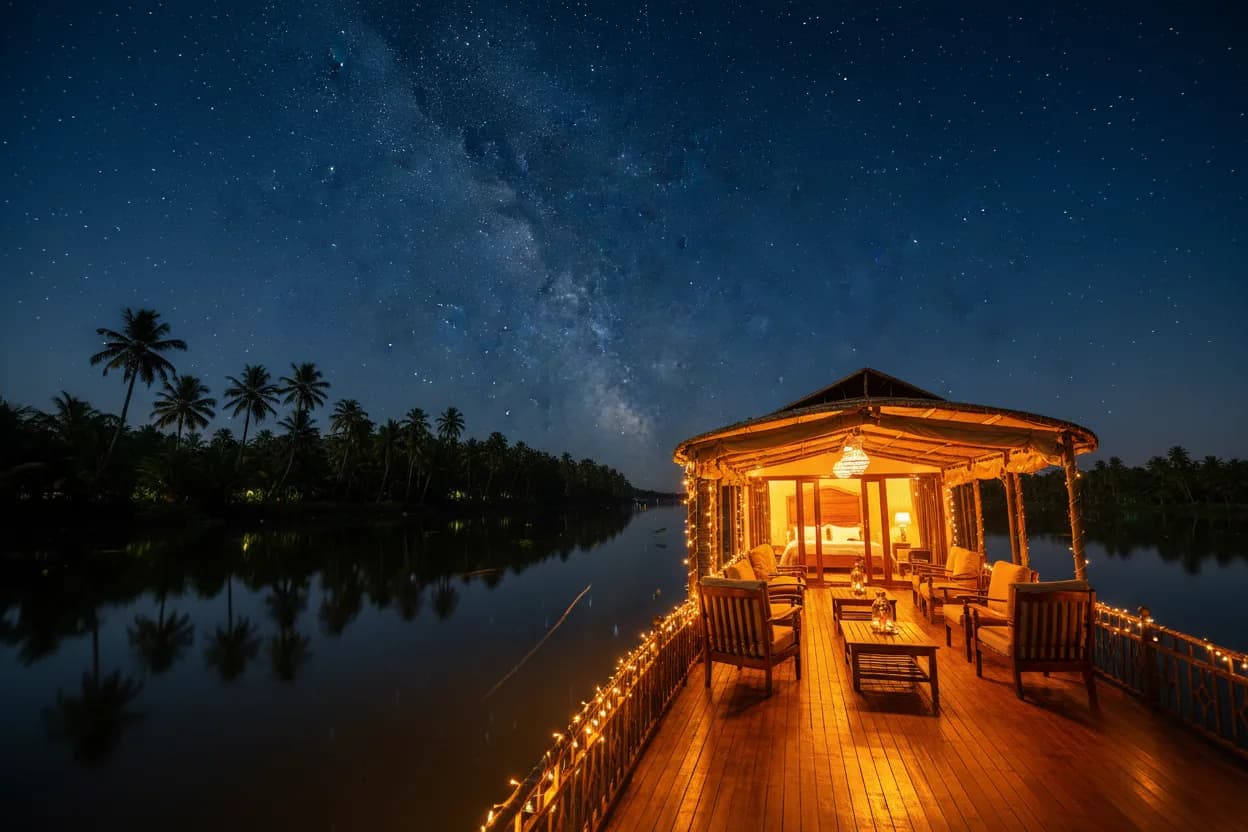 Houseboat anchored under star-filled Kerala night sky with reflections on water