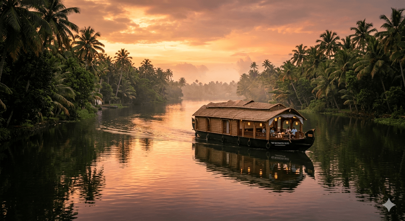 Luxury houseboat floating peacefully through Kerala backwaters at golden hour