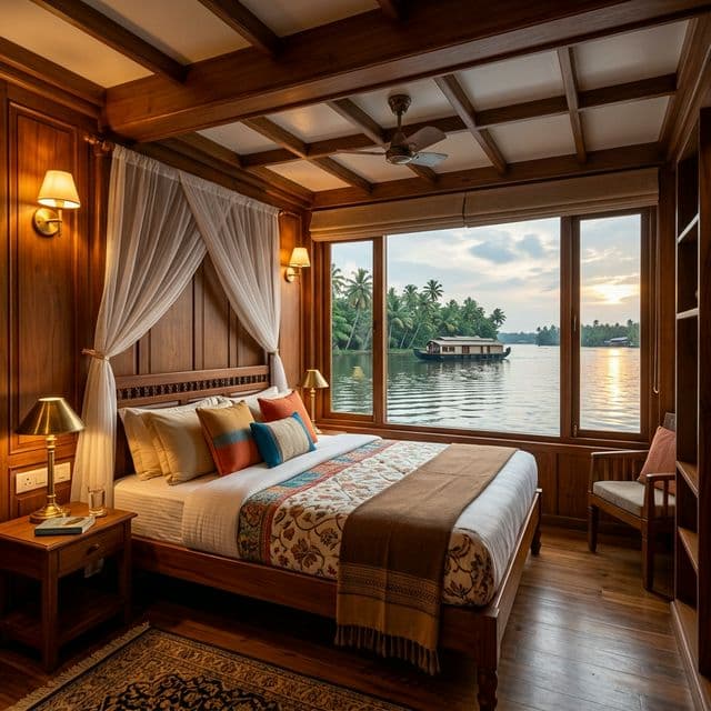 Luxurious air-conditioned bedroom with traditional Kerala decor on houseboat