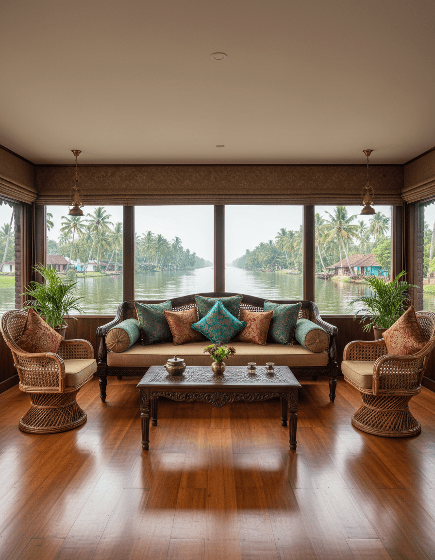 Spacious and elegant living room interior on premium houseboat