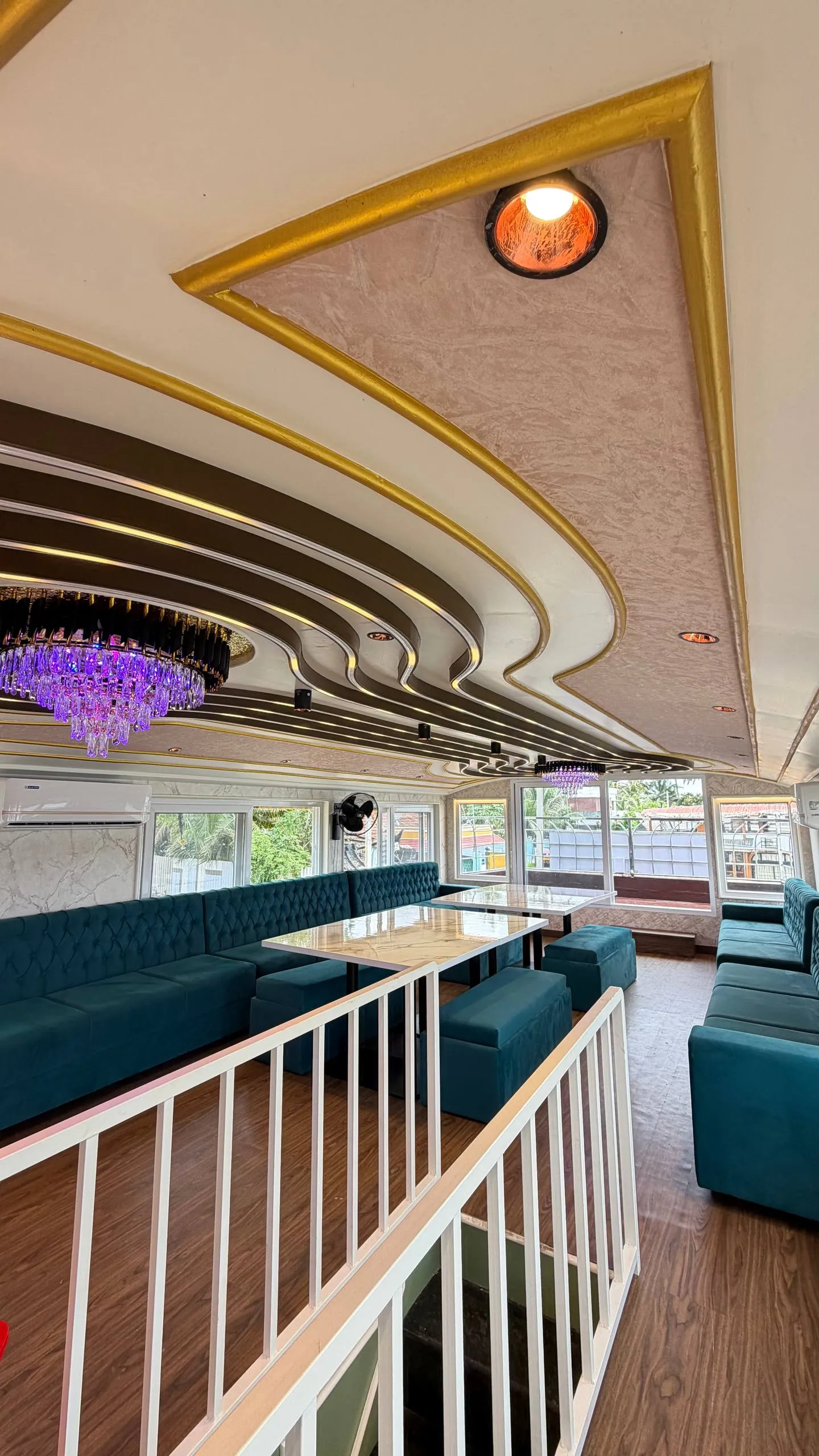 Comfortable dining and viewing space on the upper deck of Mahadeva